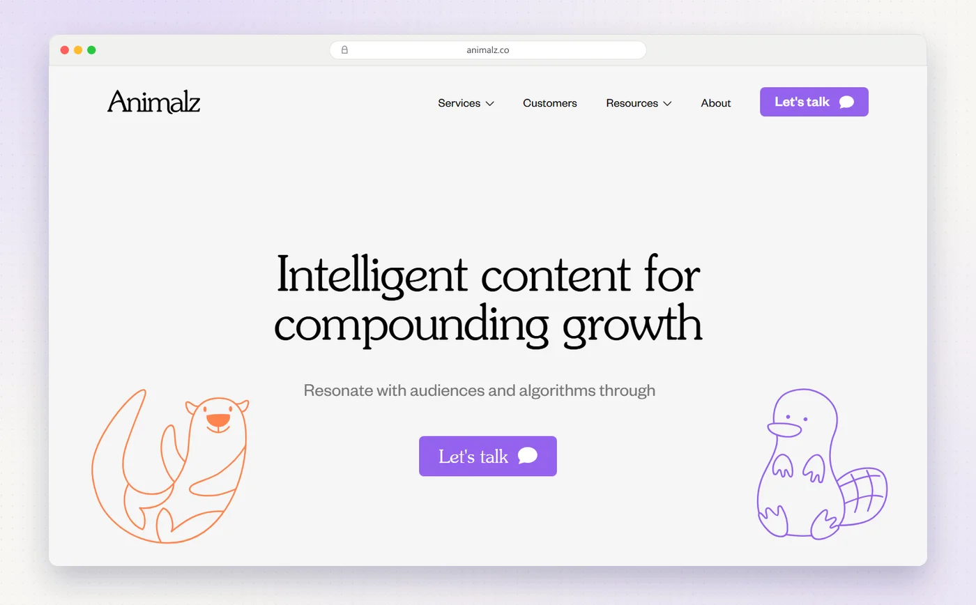 Animalz's homepage with the headline Intelligent content for compounding growth.