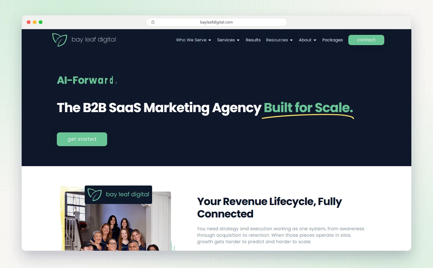 Bay Leaf Digital's homepage with the headline The B2B SaaS Marketing Agency Built for Scale.
