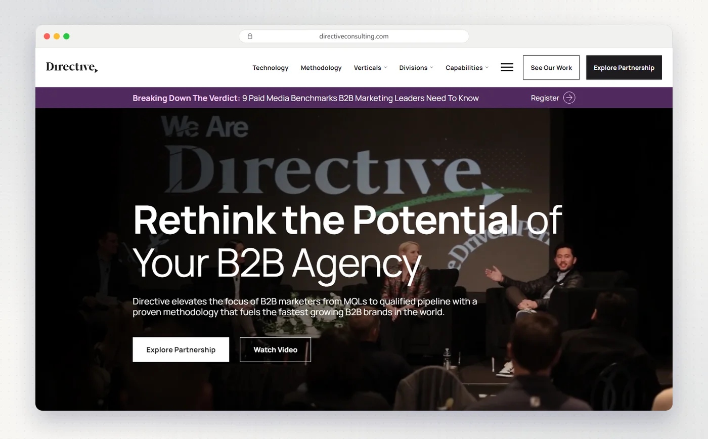 Directive's homepage with the headline Rethink the potential of your B2B agency.