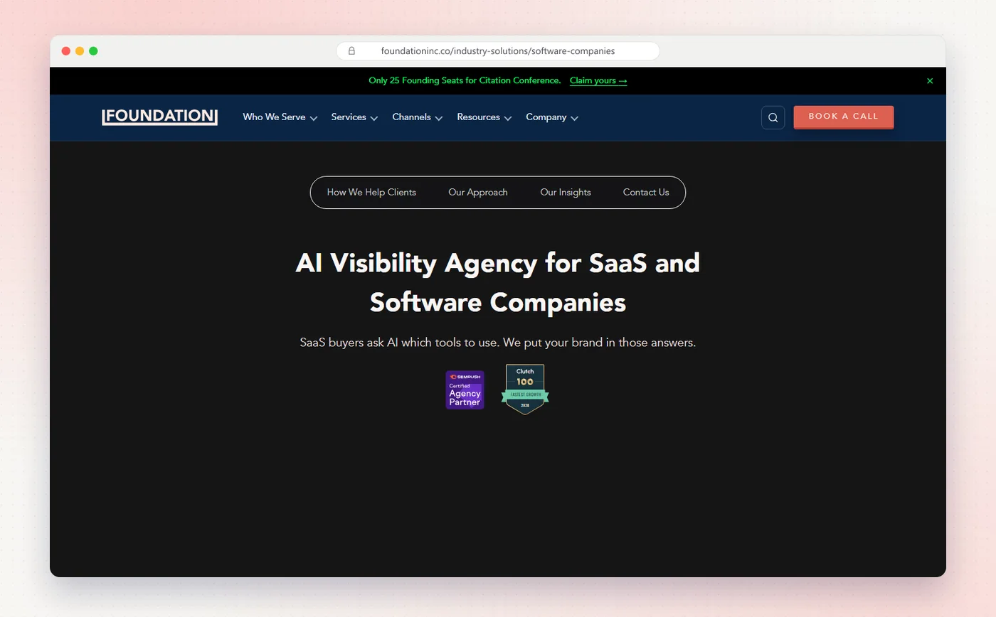Foundation Marketing's page with the headline AI Visibility Agency for SaaS and Software Companies.