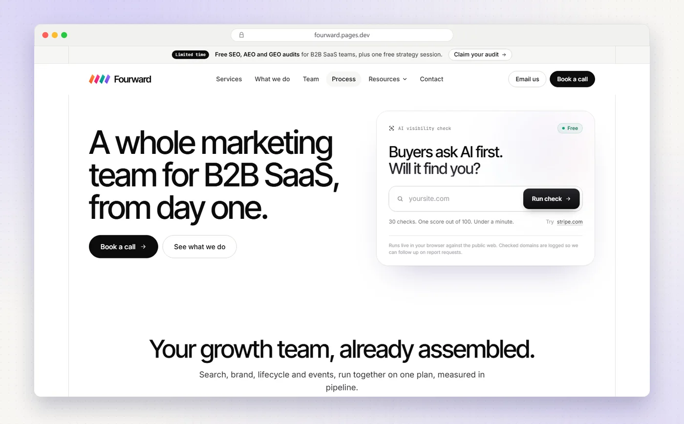 Fourward's homepage with the headline A whole marketing team for B2B SaaS, from day one, and the free AI visibility check beside it.