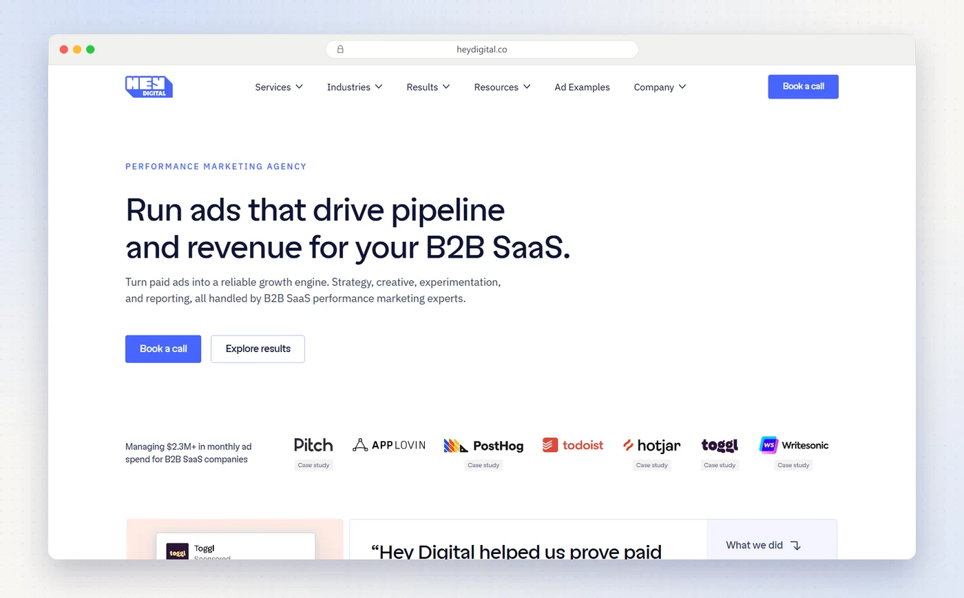 Hey Digital's homepage with the headline Run ads that drive pipeline and revenue for your B2B SaaS.