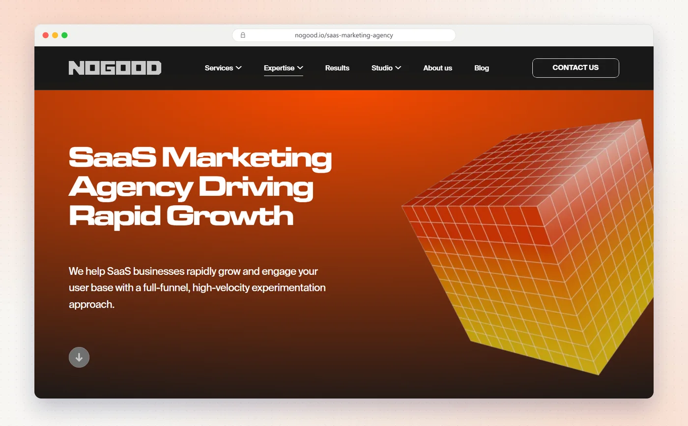 NoGood's SaaS marketing agency page with the headline SaaS Marketing Agency Driving Rapid Growth.