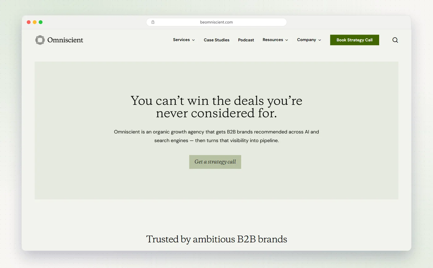 Omniscient Digital's homepage with the headline You can't win the deals you're never considered for.