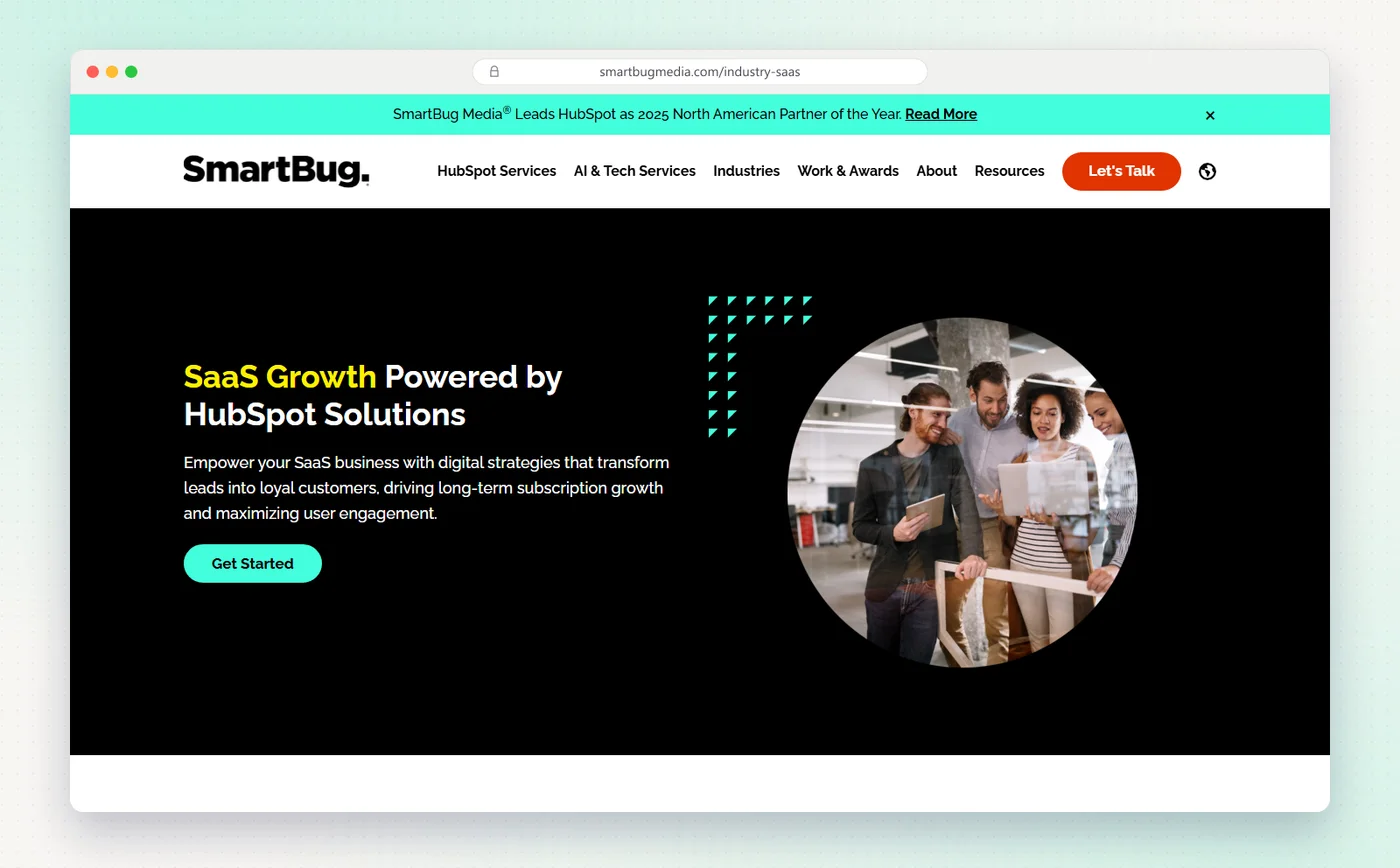 SmartBug Media's SaaS page with the headline SaaS Growth Powered by HubSpot Solutions.