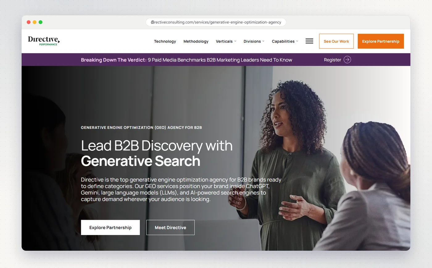 Directive's generative engine optimization page with the headline Lead B2B Discovery with Generative Search.