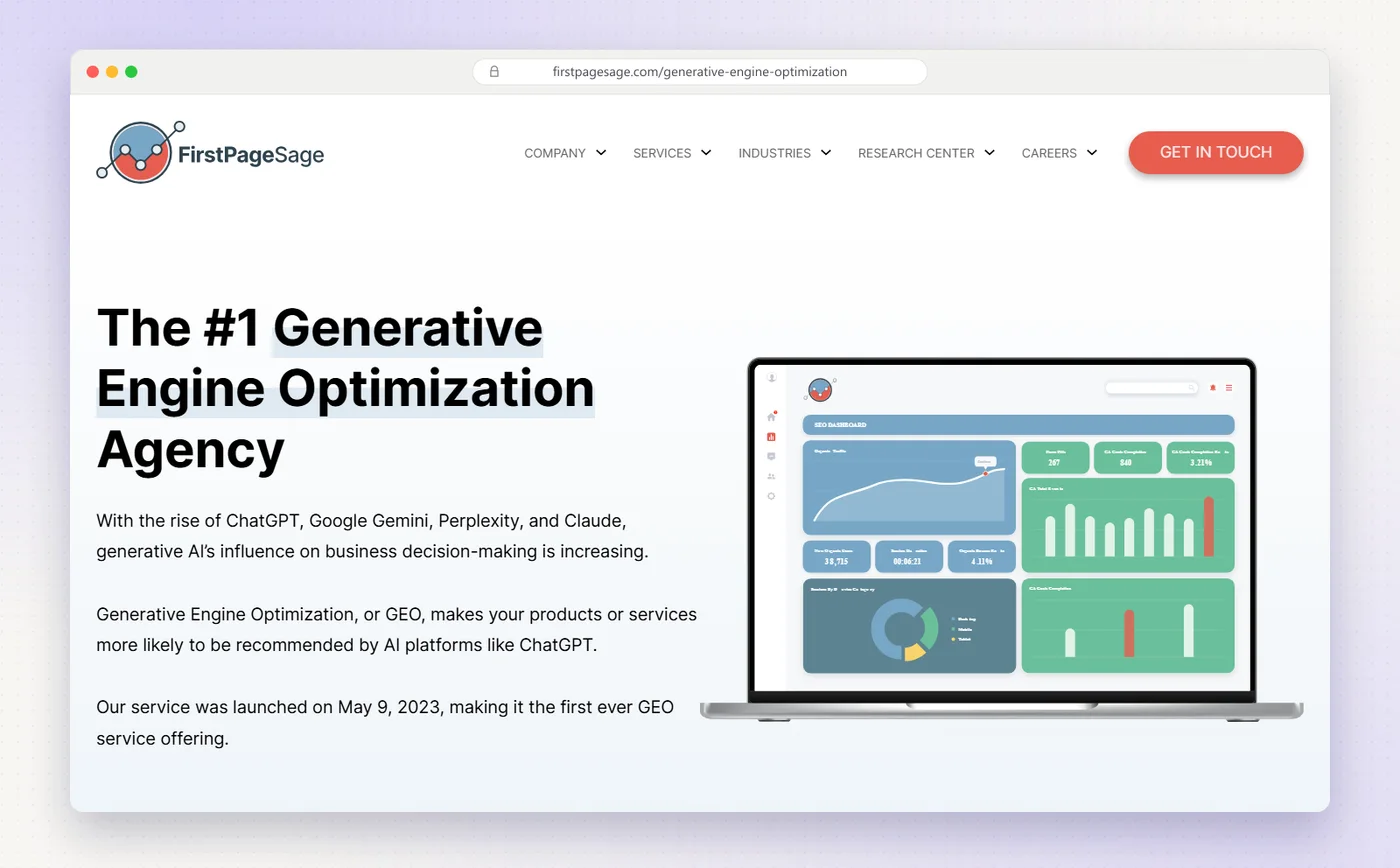 First Page Sage's generative engine optimization page, which says its GEO service launched on May 9, 2023.