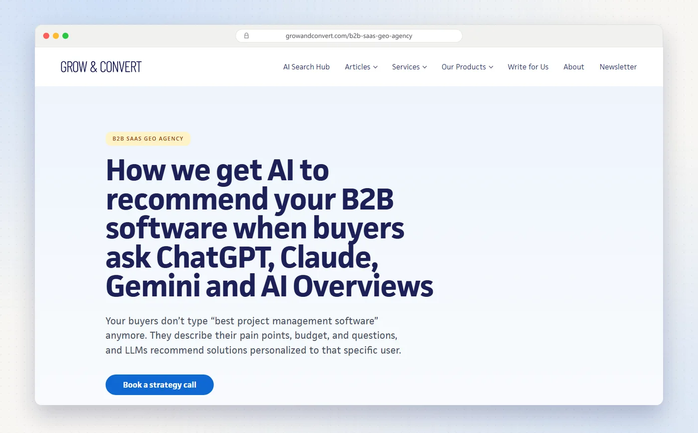 Grow and Convert's B2B SaaS GEO agency page about getting AI to recommend your software.