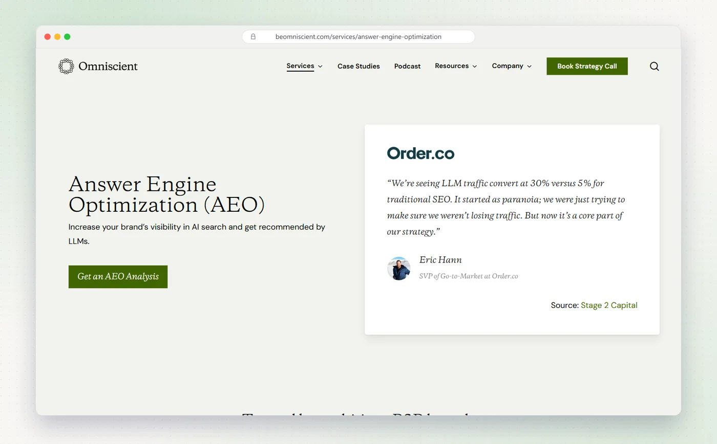 Omniscient Digital's answer engine optimization page, with a quote from Order.co about LLM traffic.