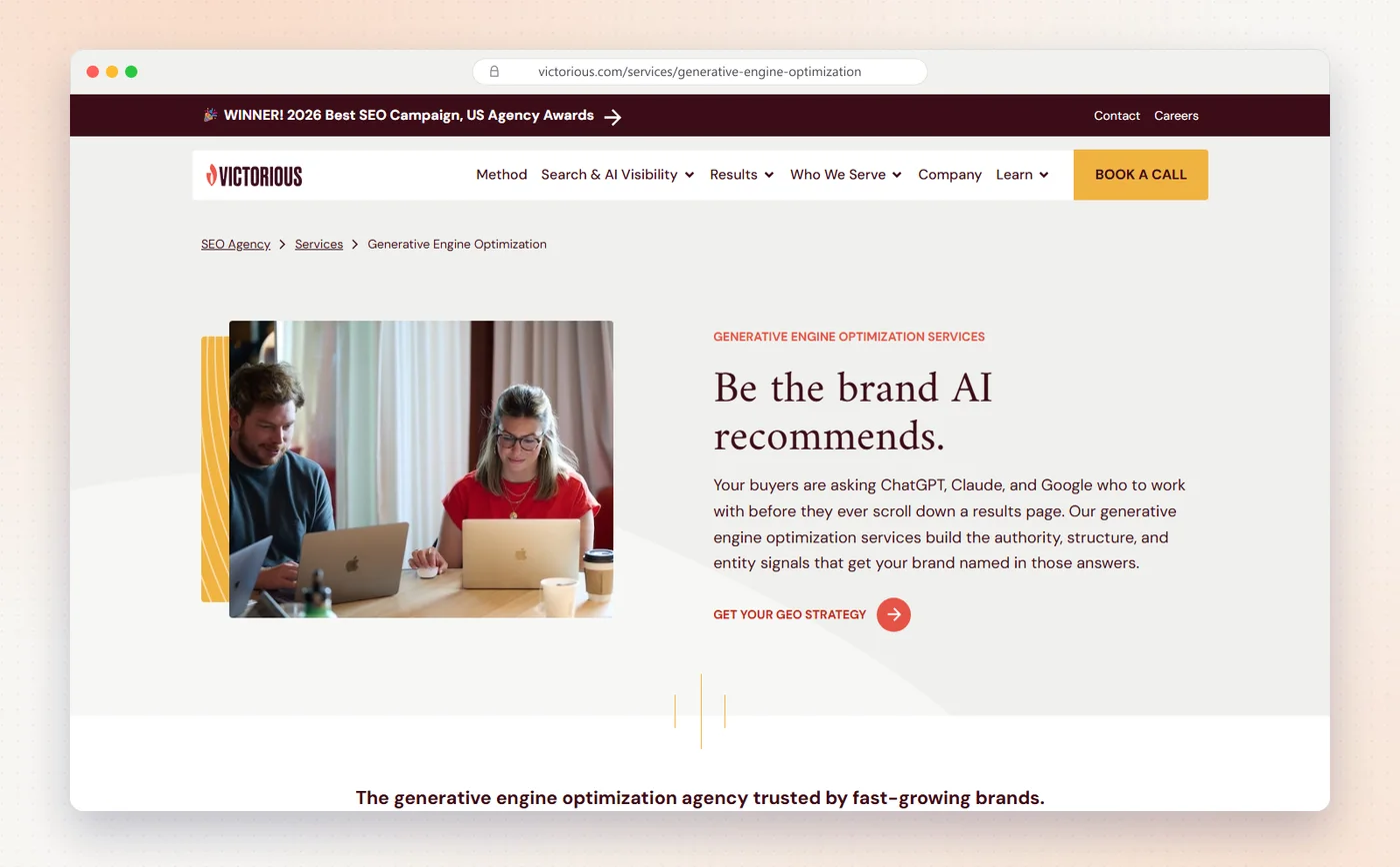 Victorious's generative engine optimization page with the headline Be the brand AI recommends.