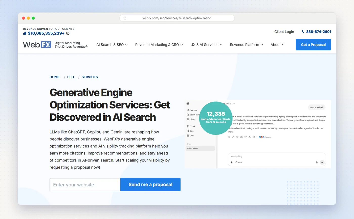 WebFX's generative engine optimization services page with the headline Get Discovered in AI Search.