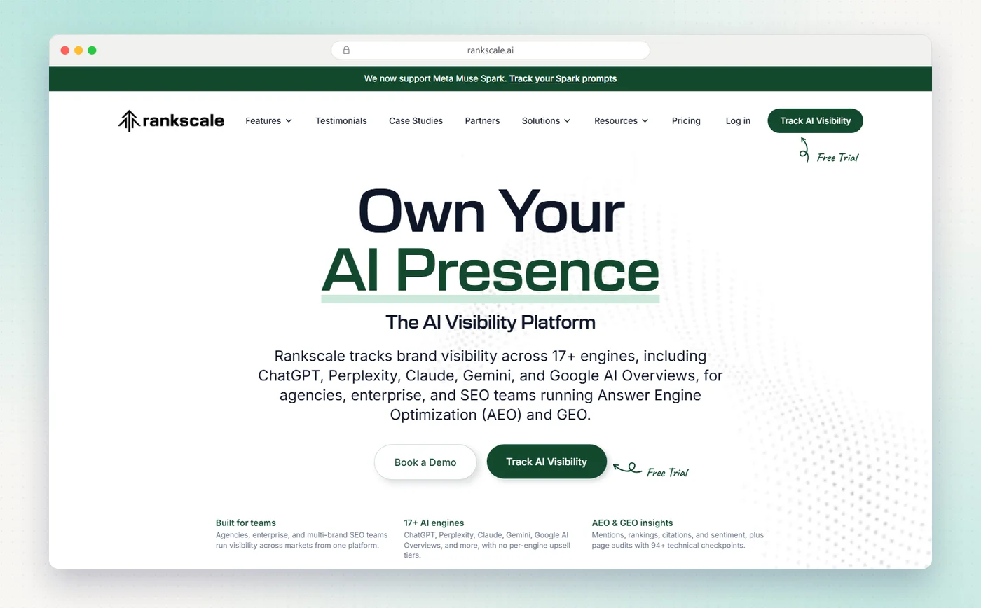 Rankscale's homepage with the headline Own your AI presence, listing ChatGPT, Perplexity, Claude, Gemini and Google AI Overviews.