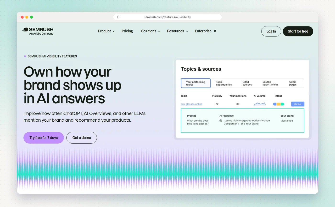 Semrush's AI visibility page with the headline Own how your brand shows up in AI answers and a Topics and sources report.