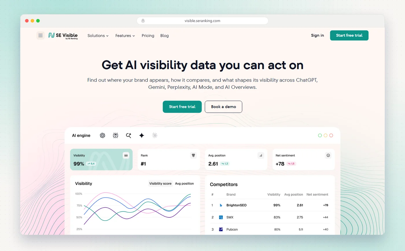 SE Visible's homepage, SE Ranking's standalone AI visibility tool for brands.