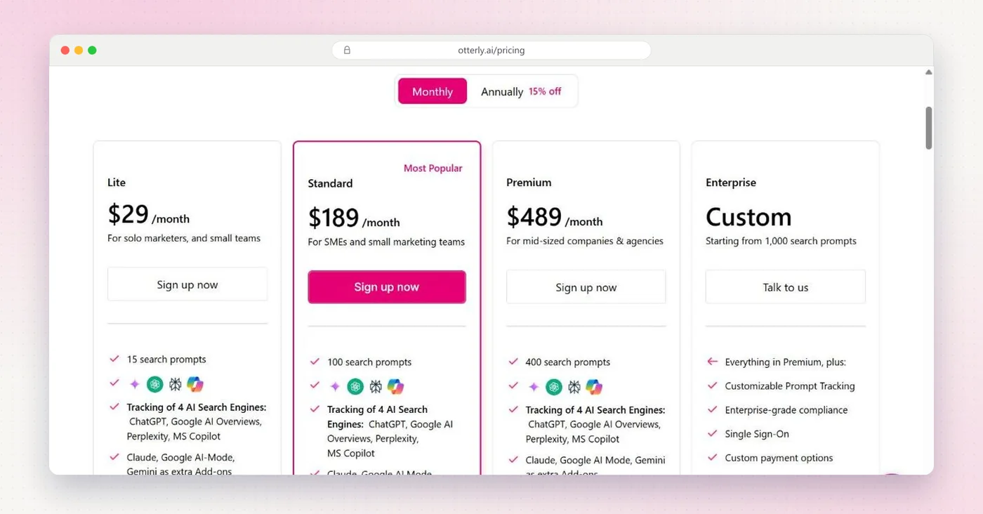 Otterly.AI's pricing page showing Lite at $29, Standard at $189, Premium at $489 a month and a custom Enterprise plan.