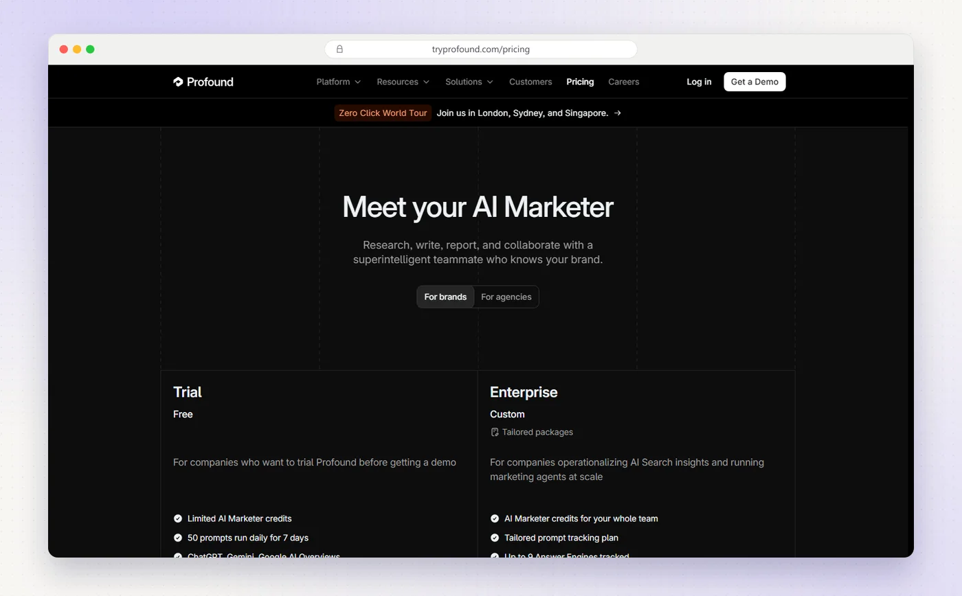 Profound's pricing page for brands showing two plans: Trial, free, and Enterprise, custom.